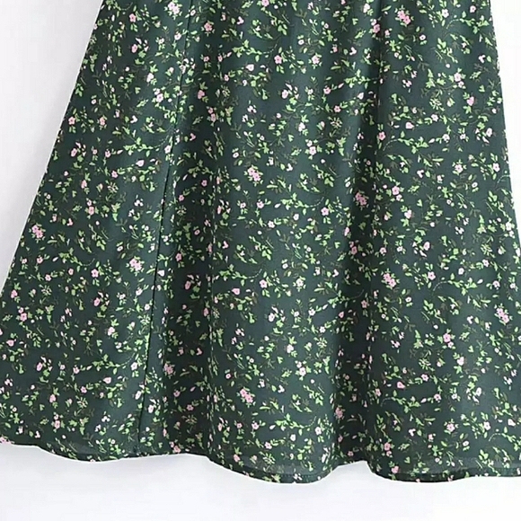 Green Floral Sweetheart Neck Chiffon Dress with Ribbon Straps - Picture 7 of 16